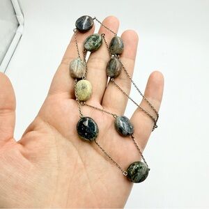 Natural Gemstone Serpentine Silver Tone Beaded Necklace